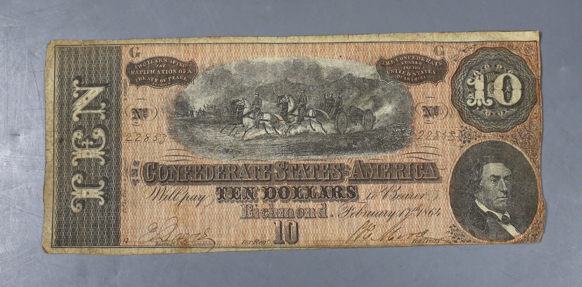 US Confederate States of America Ten Dollar banknote, 1864